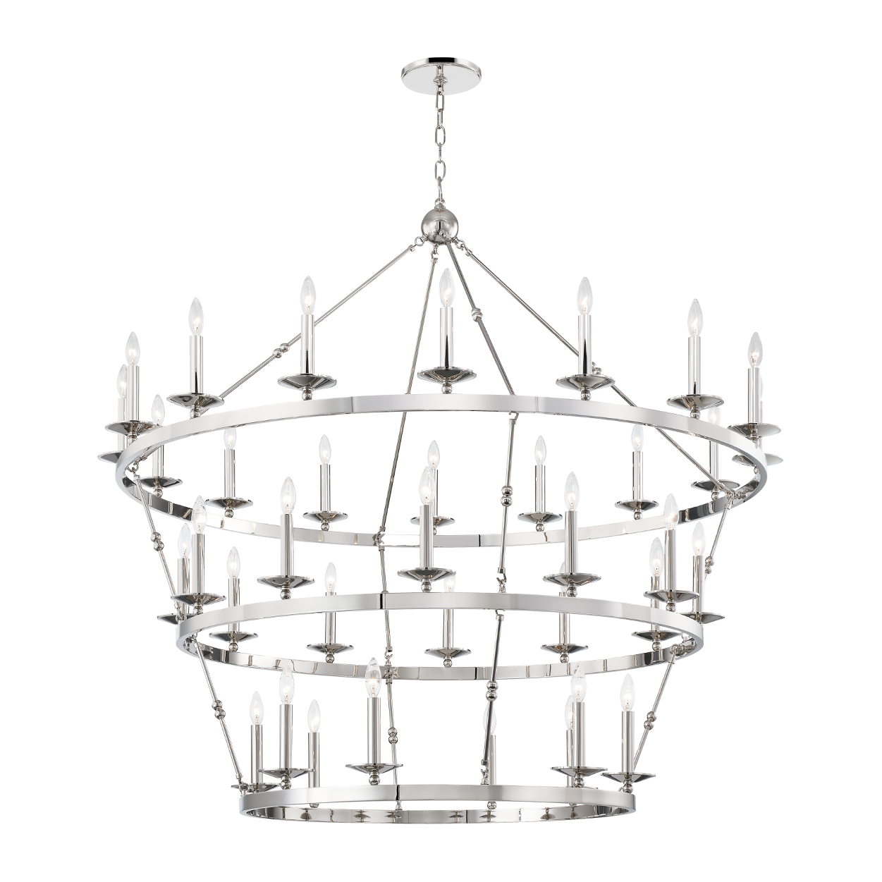 36-Light Three-Tier Wagon-Wheel Chandelier / Polished Nickel