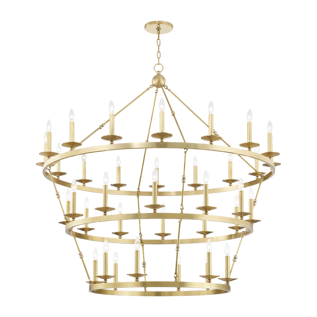 36-Light Three-Tier Wagon-Wheel Chandelier / Aged Brass