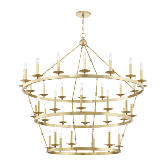 36-Light Three-Tier Wagon-Wheel Chandelier / Aged Brass