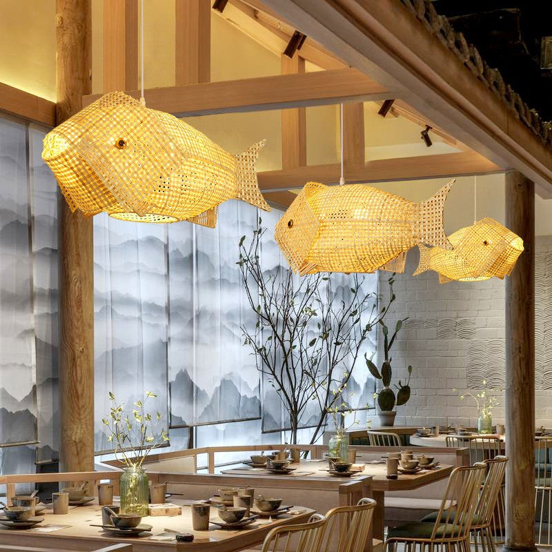Handmade Bamboo Fish-Shaped Chandelier / Electrodeless Dimming / Small