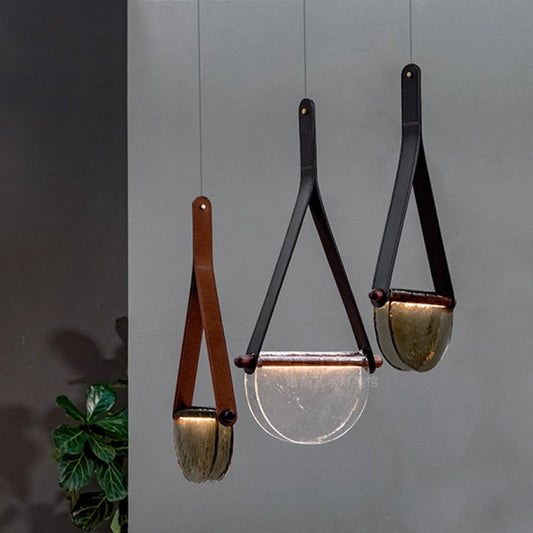 Smoked Glass Belt Pendant Light / Black Belt Clear Glass / Neutral Light