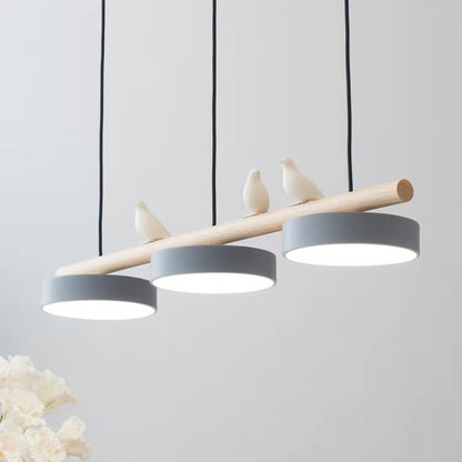 Three-Light Bird Accent Wood Chandelier / Gray